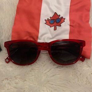 Warby Parker. Special Edition Canada Day Sunglasses. Red Frames. Black lens.